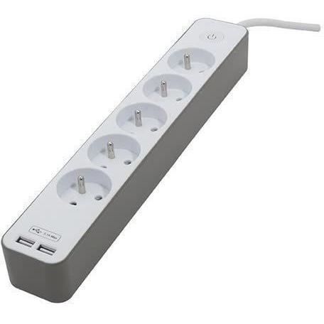 CHACON 5-stikdåse 16A strømskinne med 2 USB-porte og 1,5 m kabel HO5VV-F 3x1,5 mm² hvid og brun