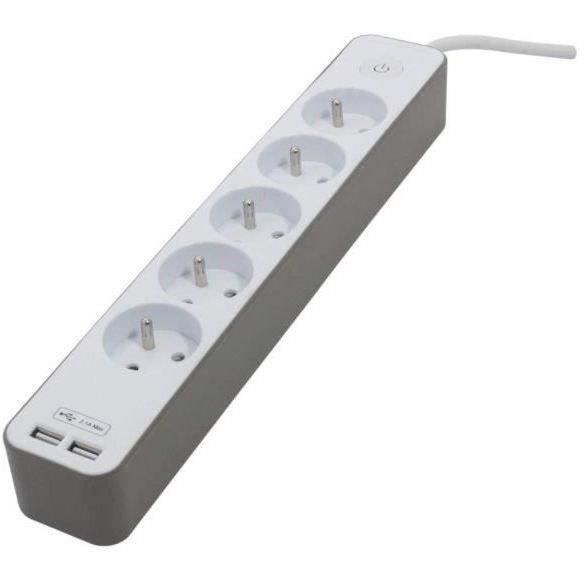 CHACON 5-stikdåse 16A strømskinne med 2 USB-porte og 1,5 m kabel HO5VV-F 3x1,5 mm² hvid og brun