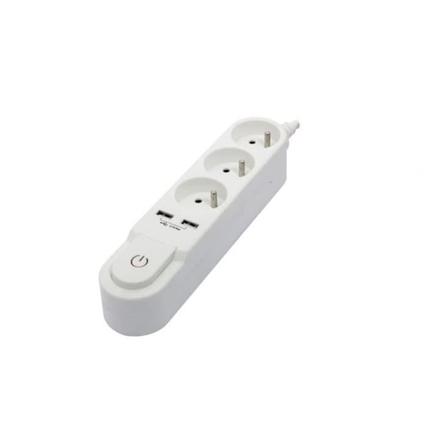 CHACON jatkojohto kytkimellä. 3 x 16 A pistorasiaa ja 2 x 2 A USB-lähtöä. 1,5 m valkoinen johto.