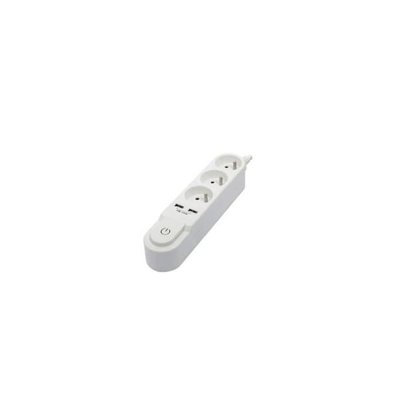 CHACON jatkojohto kytkimellä. 3 x 16 A pistorasiaa ja 2 x 2 A USB-lähtöä. 1,5 m valkoinen johto.