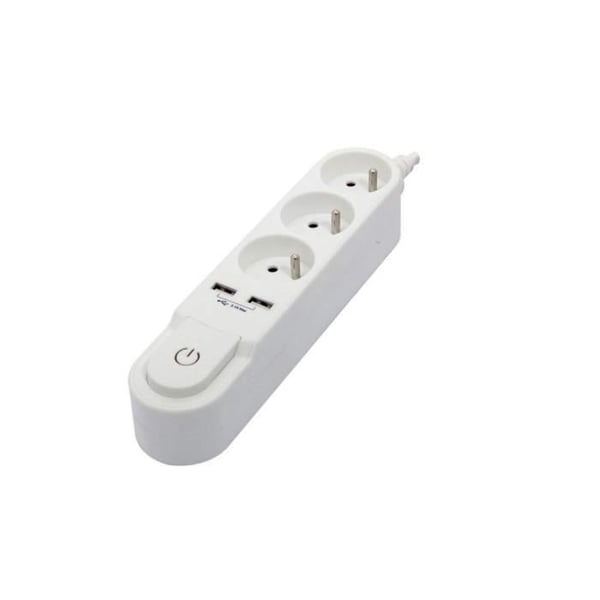 CHACON jatkojohto kytkimellä. 3 x 16 A pistorasiaa ja 2 x 2 A USB-lähtöä. 1,5 m valkoinen johto.