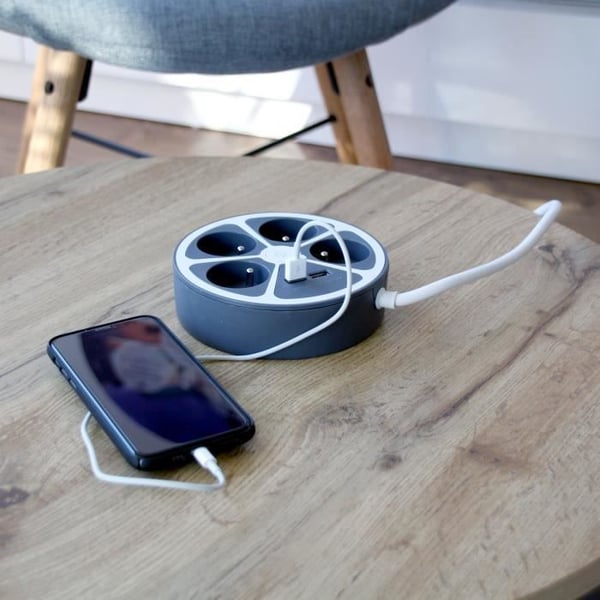 Cirkelblok - CHACON - 4 x 16 A + 2 USB-1 - 1,5 m - (FR) - Grå