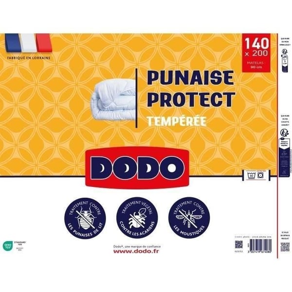 DODO Tempereret dynebetræk 300gr/m² 140x200 cm - Beskyttelse mod væggelus og støvmider - Hvid - Lavet i Frankrig