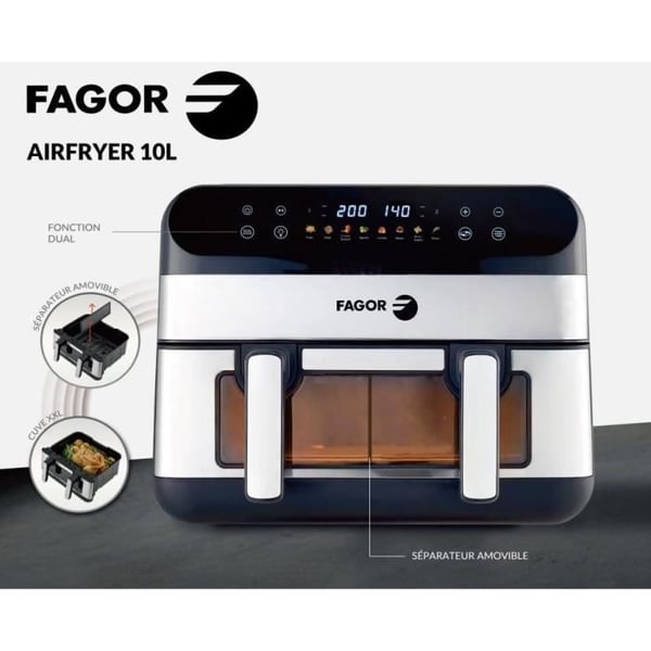 FAGOR Öljytön Friteerauskeitin - Airfryer FGF10 - 10 litran tilavuus - 4,5 litran kaksoissäiliöt - irrotettava väliseinä - 2400 W
