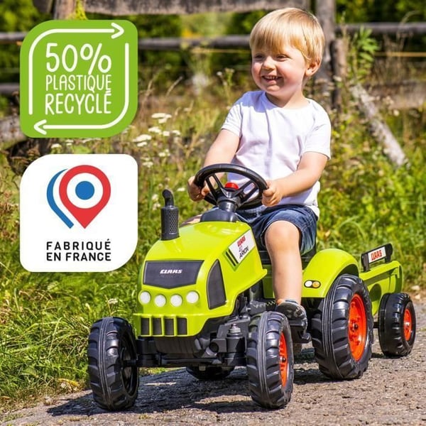 Traktor med släpvagn och öppningsbar huv - FALK - Klass - Från 2 år - 100 % Tillverkad i Frankrike - 75 % återvunnen plast