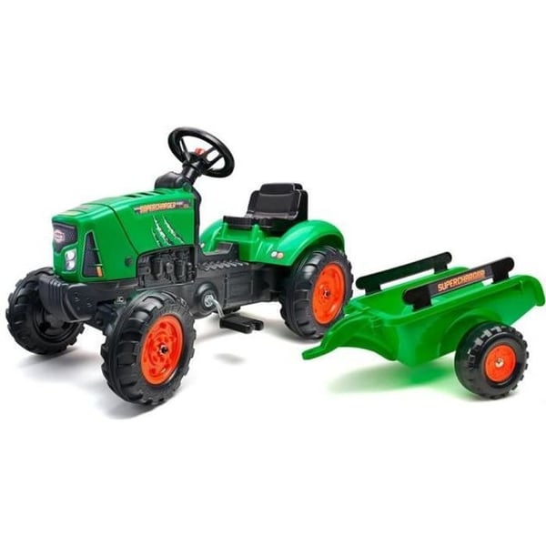FALK Röd Supercharger Pedaltraktor med öppningsbar huv och släpvagn