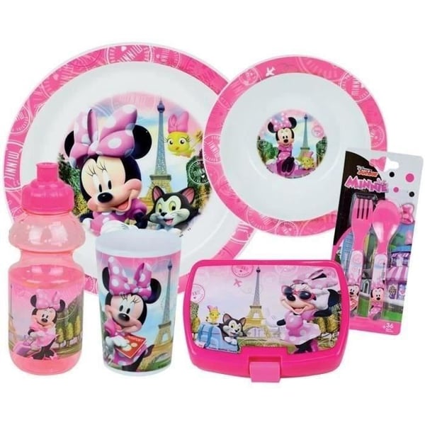 Disney Minnie Servicesæt - FUN HOUSE - 006377 - Glas. Suppetallerken. Middagstallerken. Vandflaske. Snackboks og Bestik