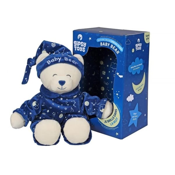 Gipsy Toys - Babybjørn, der lyser i mørket - Blødt legetøj til børn - Lyser i mørket - Sælges i gaveæske - 24 cm - Blå - Beige