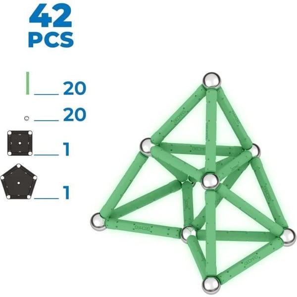Byggesæt - GEOMAG - Glow Recycled - 42 dele - Selvlysende - Magnetisk - Genbrugsplast