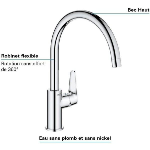 Engreppsblandare för diskho - GROHE - 31554001 - Svanhals - Krom - Metall - Grå