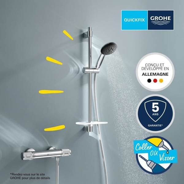 Brusesæt med termostatblander. 3-strålet brusehoved. 60 cm stang og fleksibel slange - GROHE 34791001 - Vandbesparende - Krom