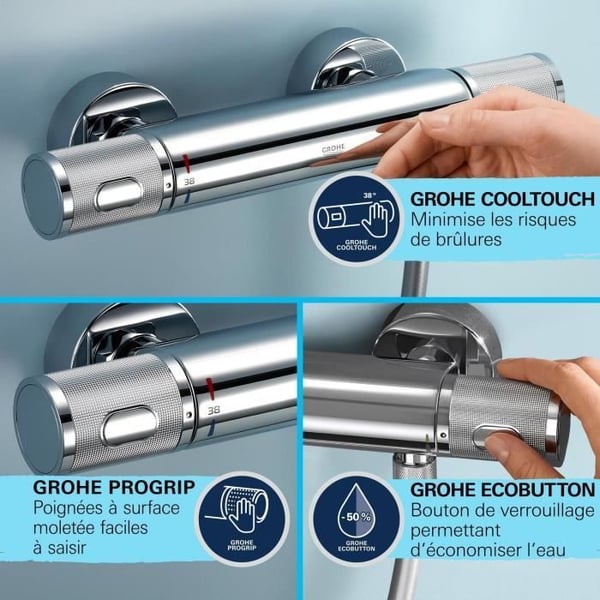 Brusesæt med termostatblander. 3-strålet brusehoved. 60 cm stang og fleksibel slange - GROHE 34791001 - Vandbesparende - Krom