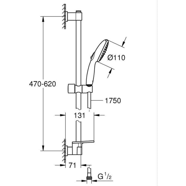 Brusesæt med 2 dyser. 60 cm stang. Fleksibel slange og hylde - GROHE Vitalio Start 110 26952001 - Vandbesparende - Krom
