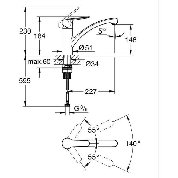 GROHE Start - 324412432 - Keittiöhana - Yksiote pesuallashana - Mattamusta - Matala juoksuputki - 140° kierto