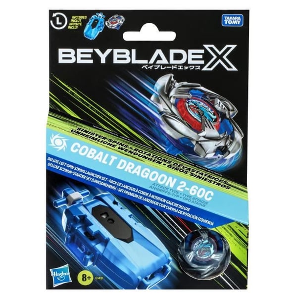 Beyblade X-pakke Cobalt Dragoon 2-60C med Deluxe Strengekaster. Venstredrejet top. Fra 8 år