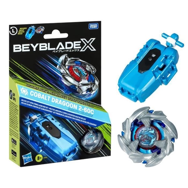 Beyblade X-pakke Cobalt Dragoon 2-60C med Deluxe Strengekaster. Venstredrejet top. Fra 8 år