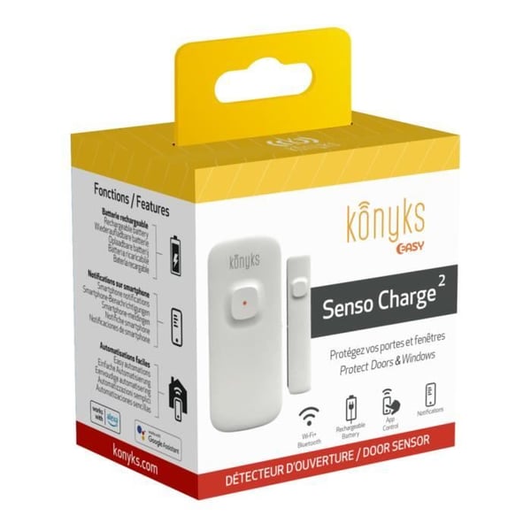 Konyks Senso Charge 2 - Batteridrevet Wi-Fi dør- og vinduesåbningssensor. 1 års batterilevetid. Smartphone-notifikationer