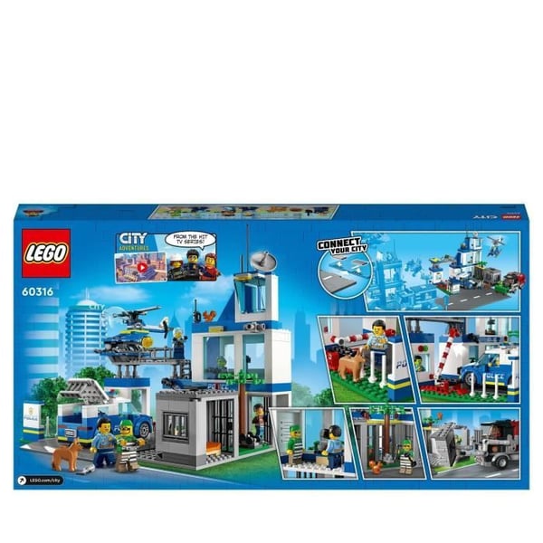 LEGO City 60316 Poliisiasema. Helikopterilelu. Poliisiauto. Koirahahmo. Roska-autolelu