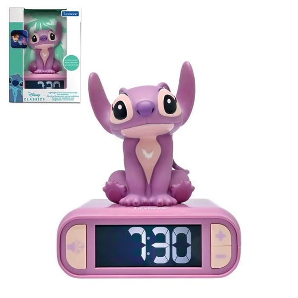 Vækkeur med englelys. Lyde og melodier. Baggrundsbelyst LCD-skærm. Lysende. DisneyStitch. Lyserød. Lexibook. RL800D1