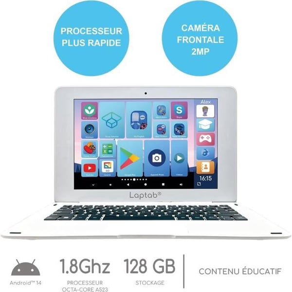 LAPTAB Pekskärmsbärbar dator för barn från 7 år. 10,1 Full HD-skärm. 128 GB lagring. 4 GB RAM. LEXIBOOK