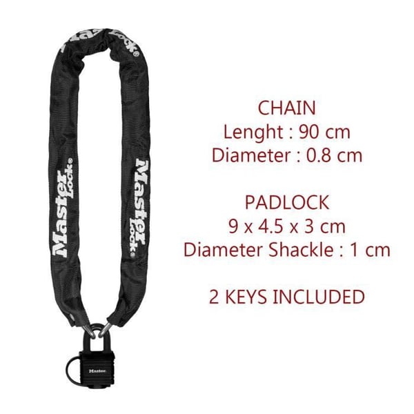 MASTER LOCK stöldskyddskedja - 8390EURDPRO - 90 cm x Ø 6 mm - 40 mm hänglås - Nylonmantel - Svart