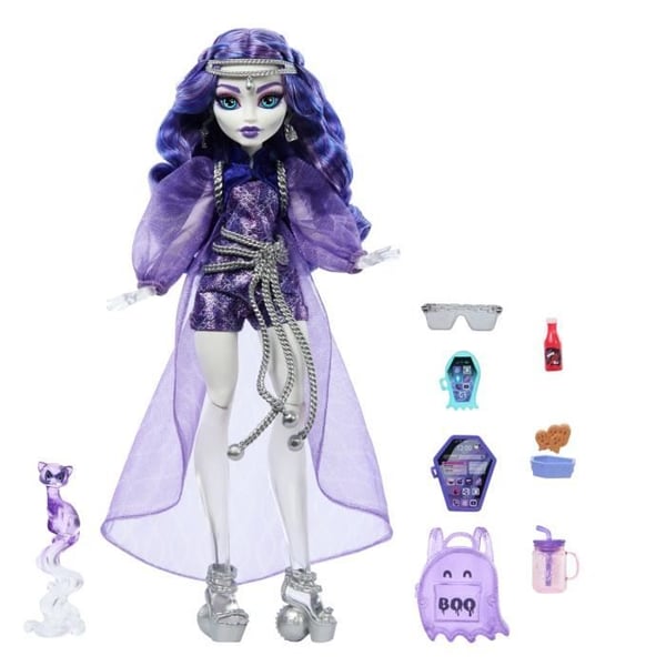 Monster High-Spectra Vondergeist-dukke. Rhuen ilder og tilbehør HXH77