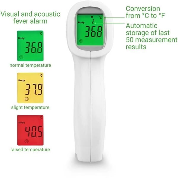 Medisana TM A79 beröringsfri termometer. Visuella (3-färgade) och hörbara larm. Certifierad medicinteknisk produkt. 50 minnen.