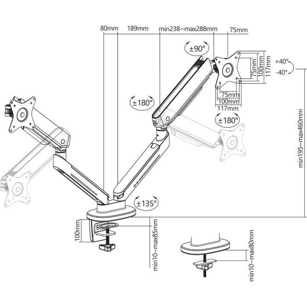 Dobbelt leddelt arm - OPLITE - MT10 - Sort - Ergonomisk - Justerbar - VESA-kompatibel