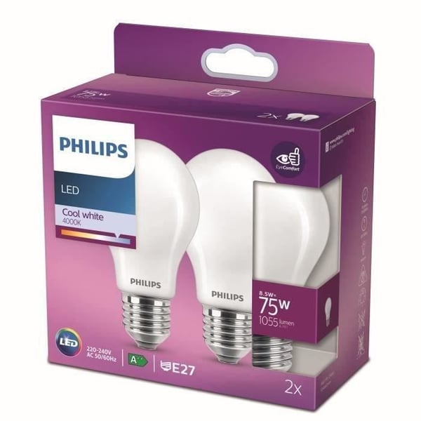Philips LED-pære tilsvarende 75W E27 Kold hvid, ikke-dæmpbar. Glas. Pakke med 2