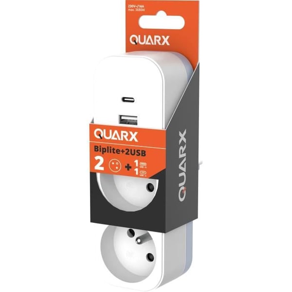 Biplite - QUARX - 2P 16A - Med USB-A og USB-C. NF-kompatibel