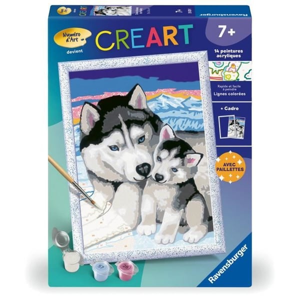 CreArt Kids 18x24cm Søde Husky Kys. Mal efter tal-sæt. ArtNumber. Alder 7+. 25829. Ravensburger