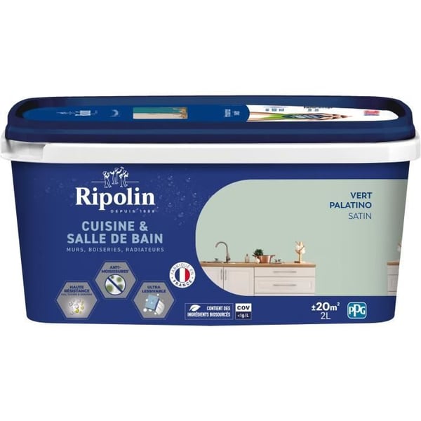 Maali seinille, puutöille, katoille ja pattereille - RIPOLIN - Keittiö ja kylpyhuone - 2 L - Palatino Green
