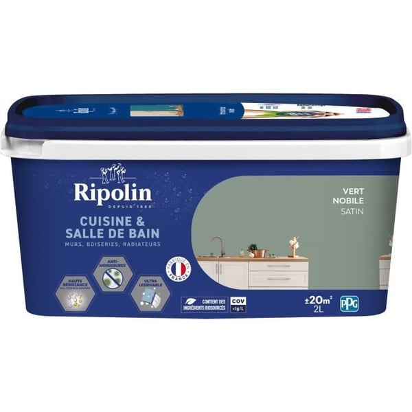 Färg för väggar, träslöjd, tak, element - RIPOLIN - Kök och badrum - 2 L - Vert Nobile