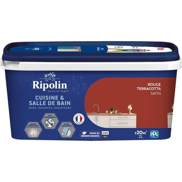 Färg för väggar, träslöjd, tak, element - RIPOLIN - Kök och badrum - 2 L - Terrakottaröd