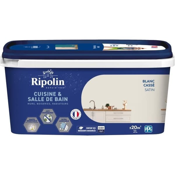 Färg för väggar, träslöjd, tak, element - RIPOLIN - Kök och badrum - 2 L - Off-white