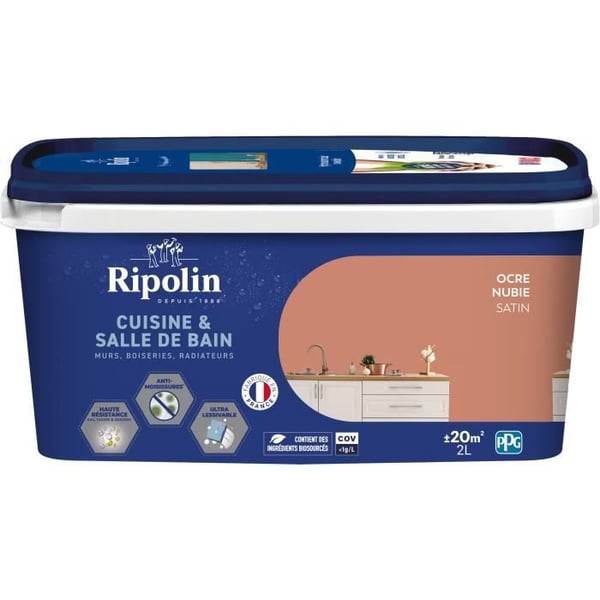Färg för väggar, träslöjd, tak, element - RIPOLIN - Kök och badrum - 2 L - Nubisk ockra
