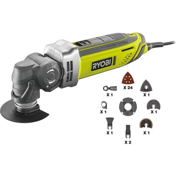 RYOBI - Multiverktyg 300 W - Väska med slipplatta. 24 slippapper och slipblad (trä/metall, dyk- och diamantslipning) - RMT300-SA