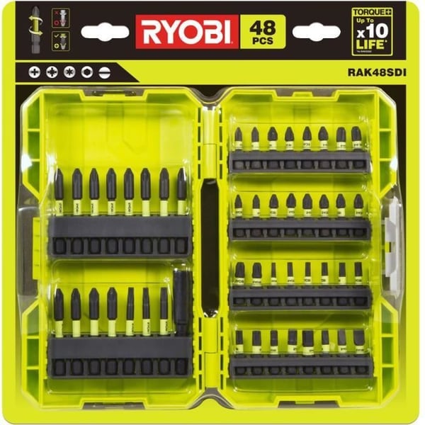 RYOBI - Stabelbart sæt med 48 ultra-modstandsdygtige skruetrækkertilbehør: 32 slagbor 25 mm + 15 slagbor 50 mm - RAK48SDI