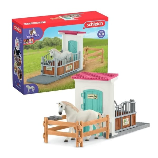 Laatikko, jossa täysiverinen englantilainen ori. Schleich Tallin jatkopala lapsille. Schleich 42569 HORSE CLUB. 5-vuotiaasta alkaen.