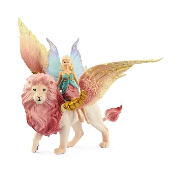 Alv på bevingat lejon. Avtagbar älvfigur som rider på ett magiskt rosa lejon med rörliga delar. Magisk figur.