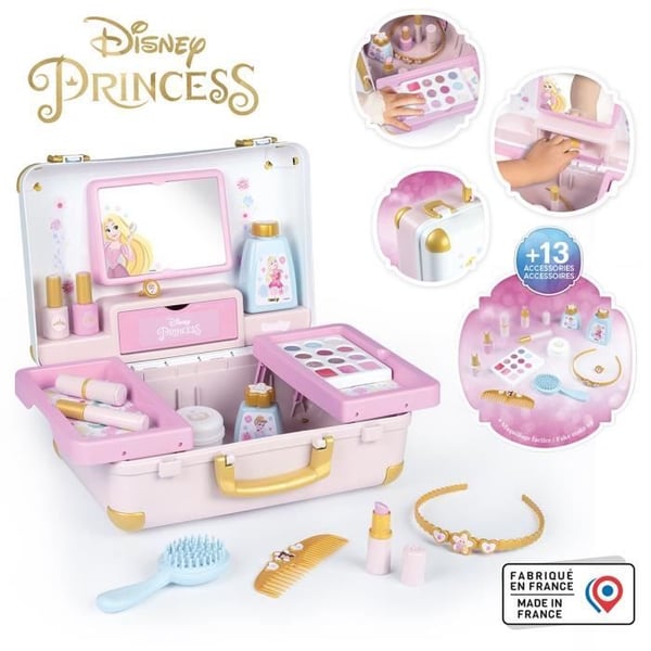 Smoby - Disney Princess - Lätt att bära med sig skönhetsfodral - 13 tillbehör ingår: hårvård, naglar, smink - Tillverkad i Frankrike