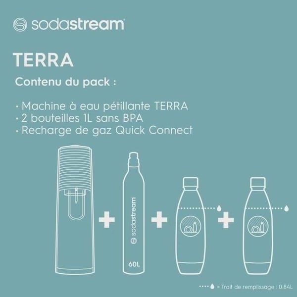 SODASTREAM-sooda- ja hiilihapotettu vesiautomaatti - TERRA White - 2 astianpesukoneen kestävää pulloa - 1 60 litran kaasutäyttöpakkaus