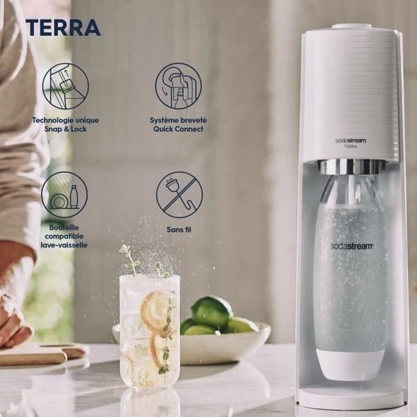 SODASTREAM-sooda- ja hiilihapotettu vesiautomaatti - TERRA White - 2 astianpesukoneen kestävää pulloa - 1 60 litran kaasutäyttöpakkaus