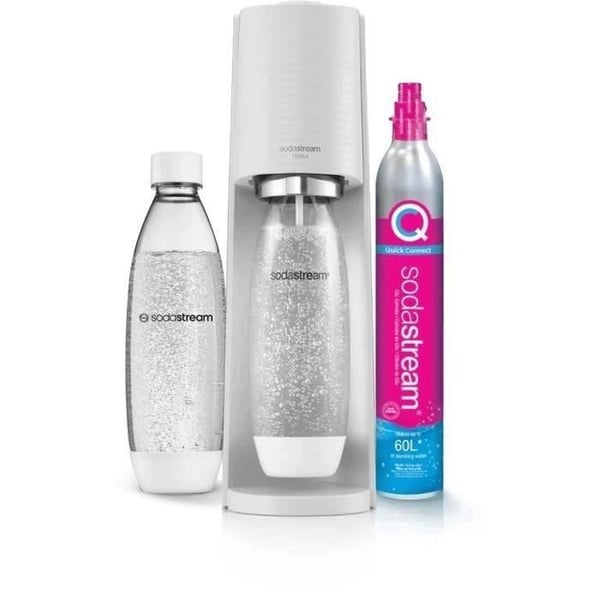 SODASTREAM-sooda- ja hiilihapotettu vesiautomaatti - TERRA White - 2 astianpesukoneen kestävää pulloa - 1 60 litran kaasutäyttöpakkaus