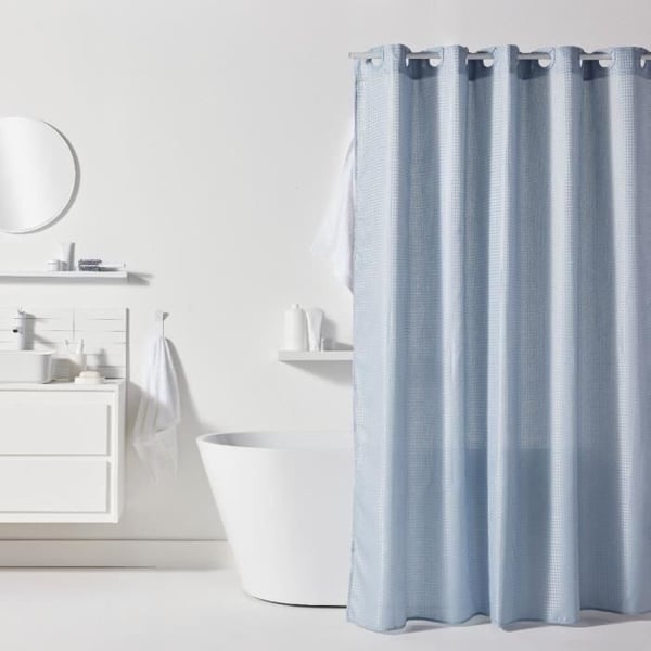 Vaffelbruseforhæng - Blå - Polyester - 180 x 200 cm - 12 Knager - UTILITY - TODAY