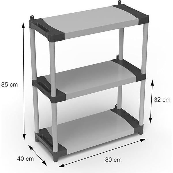 Plastikhylde - TOOD - 3 hylder - Belastning 80 kg pr. hylde - 80x40x85 cm - Sort/grå