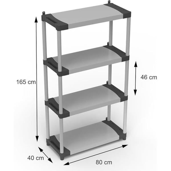 Plastikhylde - TOOD - 4 hylder - Belastning 80 kg pr. hylde - 80x40x168 cm - Sort/grå