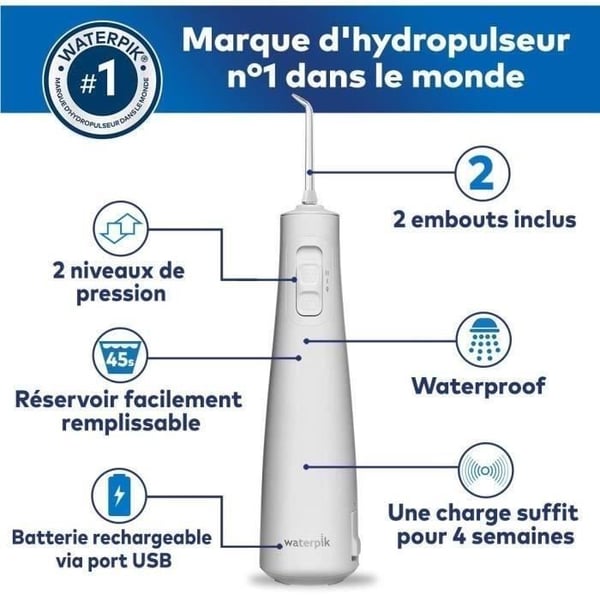 Waterpik WF-20 Pulse. Sladdlös vattentandtråd. Rekommenderas av UFSBD. Laddningsbar vattenstråle. Tar bort plack. Vit