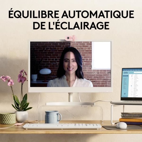 Logitech Brio 100 Webcam Full HD -verkkokamera yksityisyystoiminnolla. Automaattinen valonkorjaus. USB-A - Vaaleanpunainen
