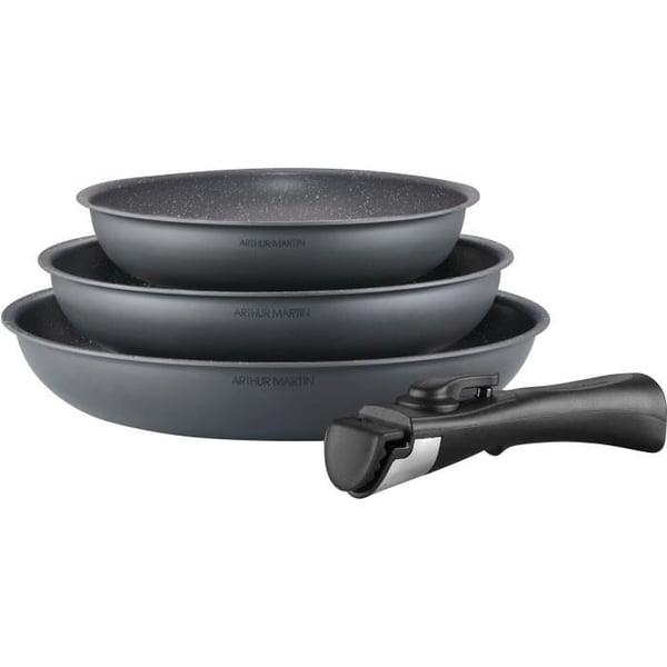 ARTHUR MARTIN AM521GM Kokkärlset med 3 stekpannor - Mattgrå 20-24-28 cm + 1 avtagbart handtag - Alla spishällar inklusive induktion